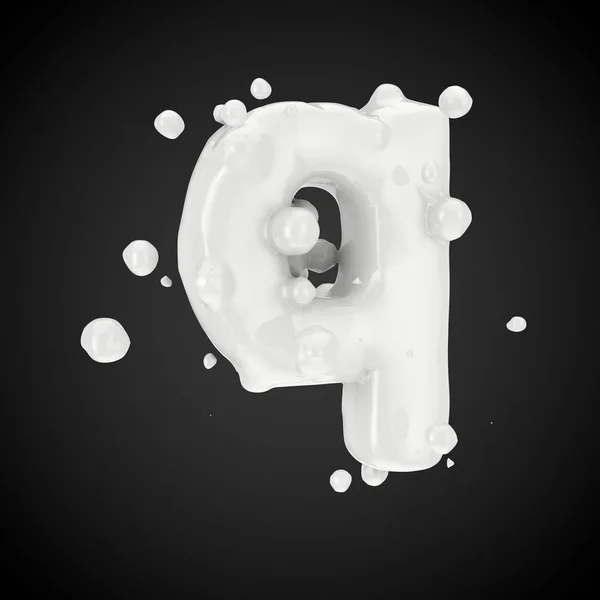 3d letter Q lowercase. Milk font with drops isolated on black background. 3D render.