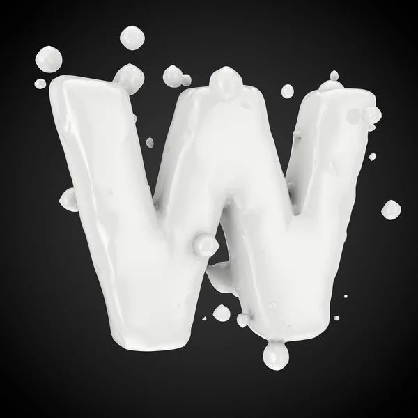 3d letter W uppercase. Milk font with drops isolated on black background. 3D render.