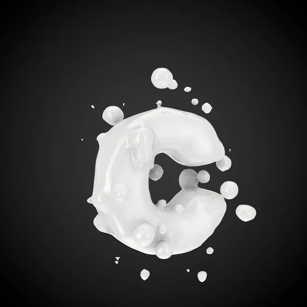 3d letter C lowercase. Milk font with drops isolated on black background. 3D render.