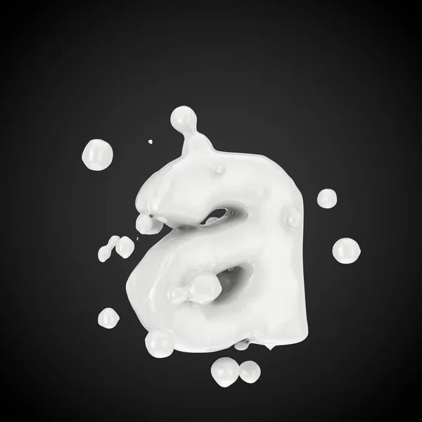 3d letter A lowercase. Milk font with drops isolated on black background. 3D render.