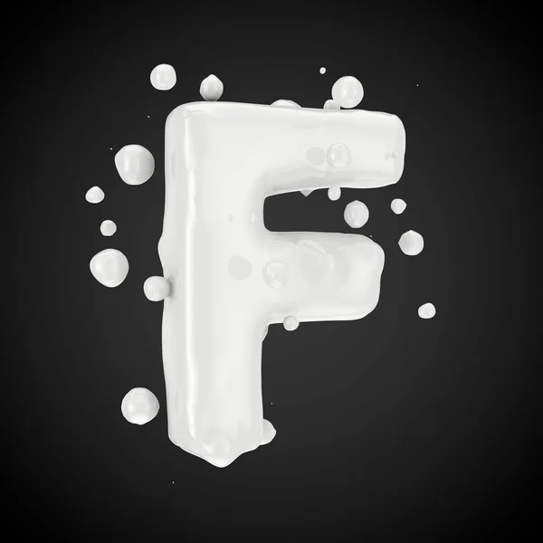 3d letter F uppercase. Milk font with drops isolated on black background. 3D render.