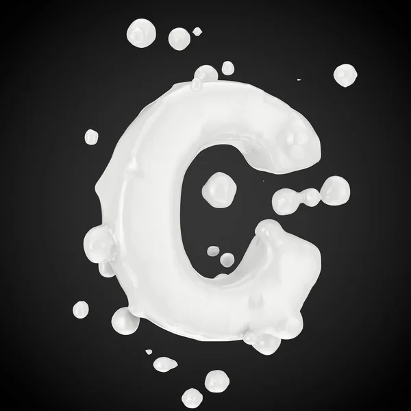 3d letter C uppercase. Milk font with drops isolated on black background. 3D render.