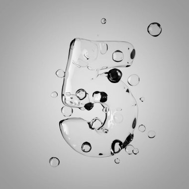 3D su sayı 5. 3D render şeffaf su yazı tipi ile damla.