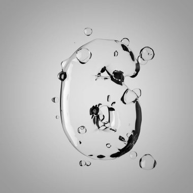 3D su 6 numara. 3D render şeffaf su yazı tipi ile damla.