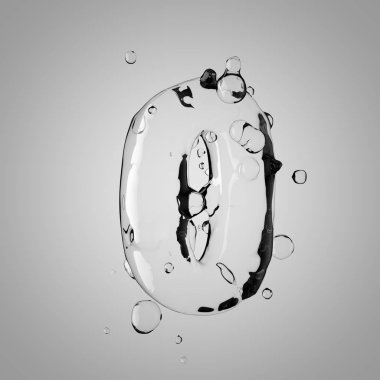 3D su numarası 0. 3D render şeffaf su yazı tipi ile damla.