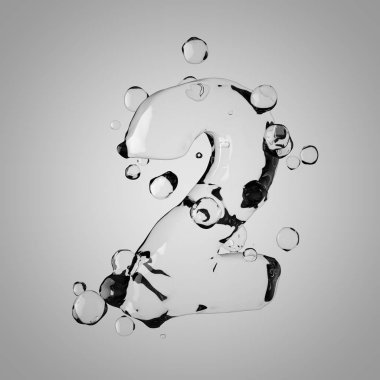 3D su 2 numara. 3D render şeffaf su yazı tipi ile damla.