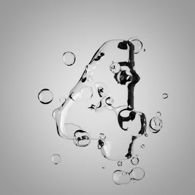 3D su sayı 4. 3D render şeffaf su yazı tipi ile damla.