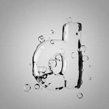 3D su harf küçük harf D. 3D render şeffaf su yazı tipi ile damla.