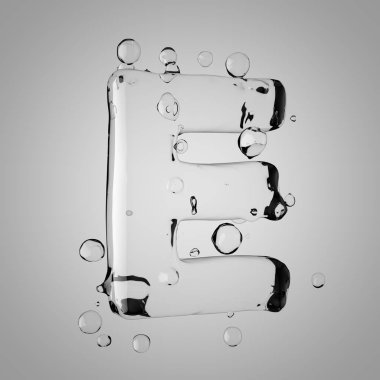 3D su harf E büyük harf. 3D render şeffaf su yazı tipi ile damla.