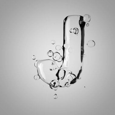 3D su büyük J harfi. 3D render şeffaf su yazı tipi ile damla.