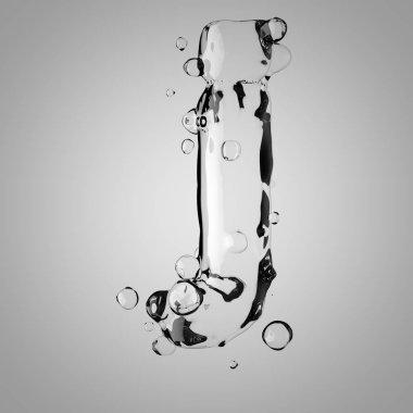 3D su küçük J harfi. 3D render şeffaf su yazı tipi ile damla.