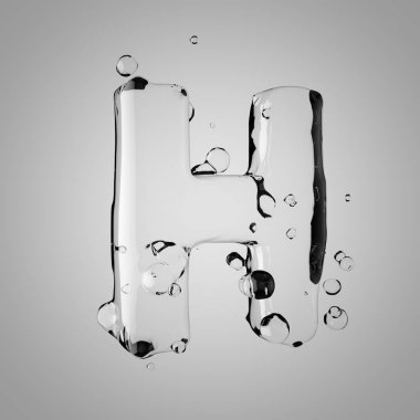 3D su büyük H harfi. 3D render şeffaf su yazı tipi ile damla.