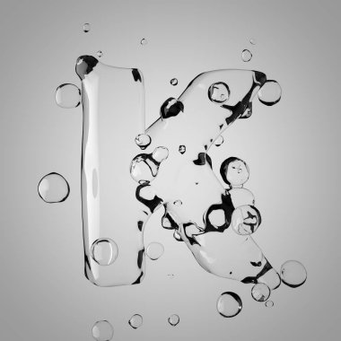 3D su büyük K harfi. 3D render şeffaf su yazı tipi ile damla.