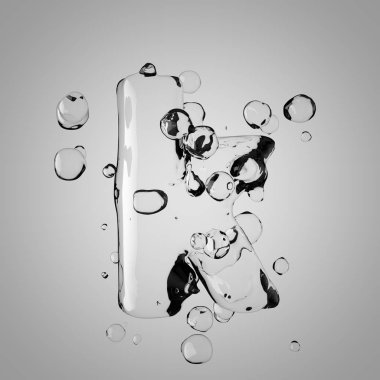 3D su harf K harfi. 3D render şeffaf su yazı tipi ile damla.