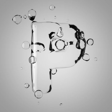 3D su büyük P harfi. 3D render şeffaf su yazı tipi ile damla.