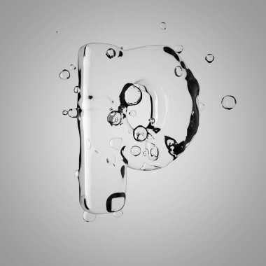 3D su P harfi küçük. 3D render şeffaf su yazı tipi ile damla.