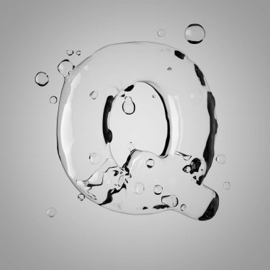 3D su harf Q büyük harf. 3D render şeffaf su yazı tipi ile damla.