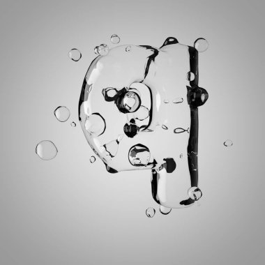 3D su harf Q küçük harf. 3D render şeffaf su yazı tipi ile damla.