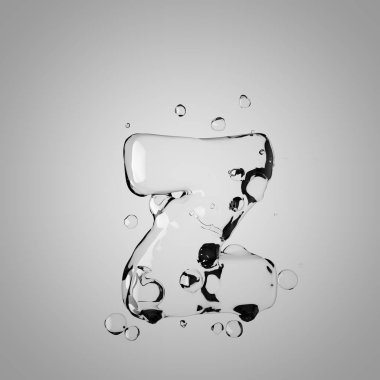 3D su harf küçük harf Z. 3D render şeffaf su yazı tipi ile damla.