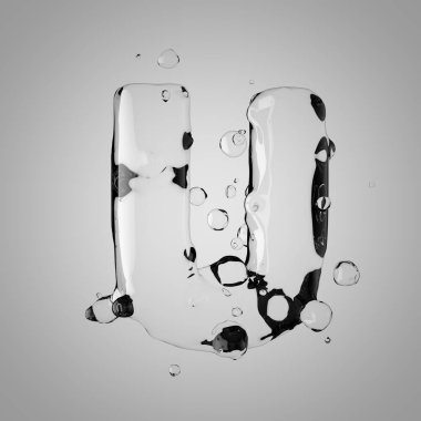 3D su büyük U harfi. 3D render şeffaf su yazı tipi ile damla.