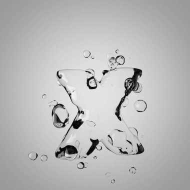 3D su harf küçük harf X. 3D render şeffaf su yazı tipi ile damla.