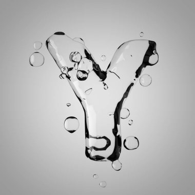 3D su harf büyük harf Y. 3D render şeffaf su yazı tipi ile damla.