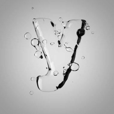 3D su küçük Y harfi. 3D render şeffaf su yazı tipi ile damla.