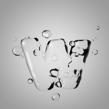 3D su mektup W küçük. 3D render şeffaf su yazı tipi ile damla.