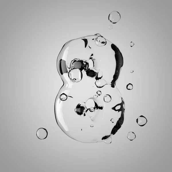 3D water number 8. 3D rendering transparent water font with drops.