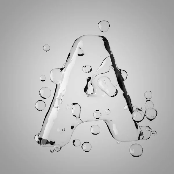 3D water letter A uppercase. 3D rendering transparent water font with drops.