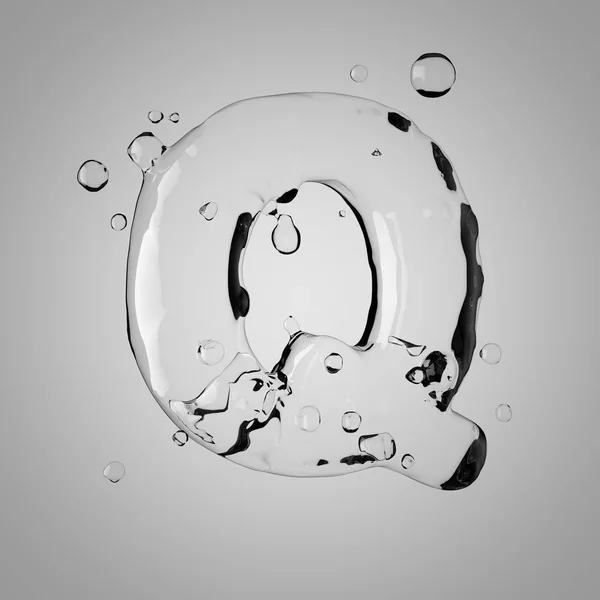 3D water letter Q uppercase. 3D rendering transparent water font with drops.