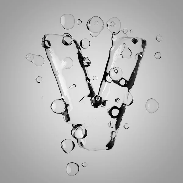 3D water letter V uppercase. 3D rendering transparent water font with drops.