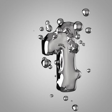 3D Merkür numarası 1. 3D render sıvı metal yazı tipiyle damla.