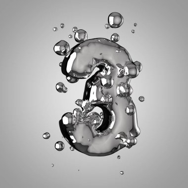 3D Merkür sayısı 3. 3D render sıvı metal yazı tipiyle damla.