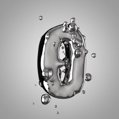 3D Merkür numarası 0. 3D render sıvı metal yazı tipiyle damla.