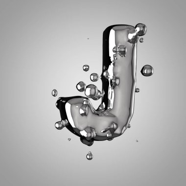 3D mercury büyük J harfi. 3D render sıvı metal yazı tipiyle damla.