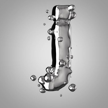 3D Merkür J harfi küçük. 3D render sıvı metal yazı tipiyle damla.