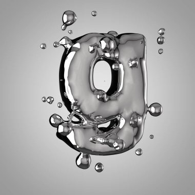 3D Merkür G harfi küçük. 3D render sıvı metal yazı tipiyle damla.
