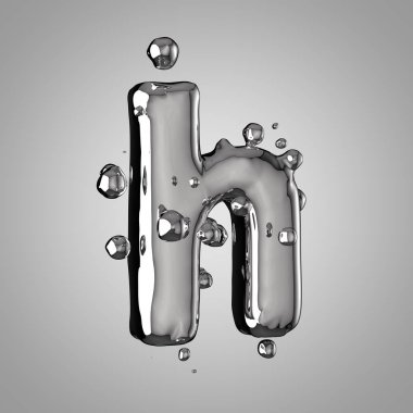 3D Merkür H harfi küçük. 3D render sıvı metal yazı tipiyle damla.