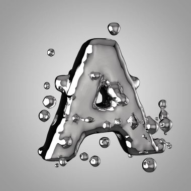 3D Merkür bir büyük harf harf. 3D render sıvı metal yazı tipiyle damla.