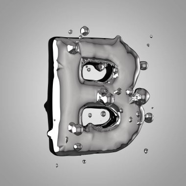 3D Merkür mektup B büyük harf. 3D render sıvı metal yazı tipiyle damla.