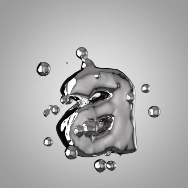 3D Merkür bir küçük mektup. 3D render sıvı metal yazı tipiyle damla.