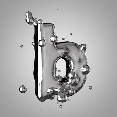 3D Merkür B harfi küçük. 3D render sıvı metal yazı tipiyle damla.