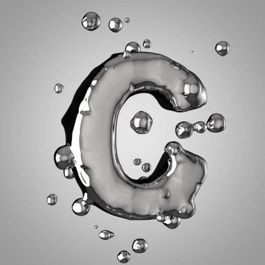 3D mercury büyük C harfi. 3D render sıvı metal yazı tipiyle damla.