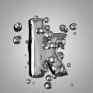 3D Merkür K harfi küçük. 3D render sıvı metal yazı tipiyle damla.