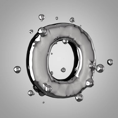 3D Merkür harf O büyük. 3D render sıvı metal yazı tipiyle damla.