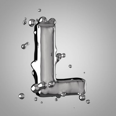 3D Merkür harf L büyük harf. 3D render sıvı metal yazı tipiyle damla.