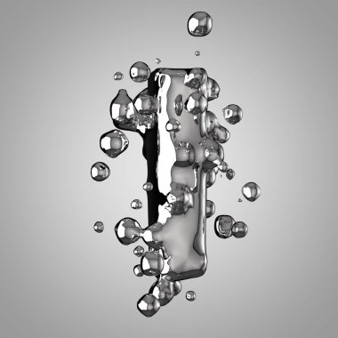 3D Merkür L harfi küçük. 3D render sıvı metal yazı tipiyle damla.