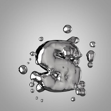 3D Merkür S harfi küçük. 3D render sıvı metal yazı tipiyle damla.