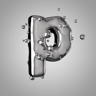 3D mercury P harfi küçük. 3D render sıvı metal yazı tipiyle damla.
